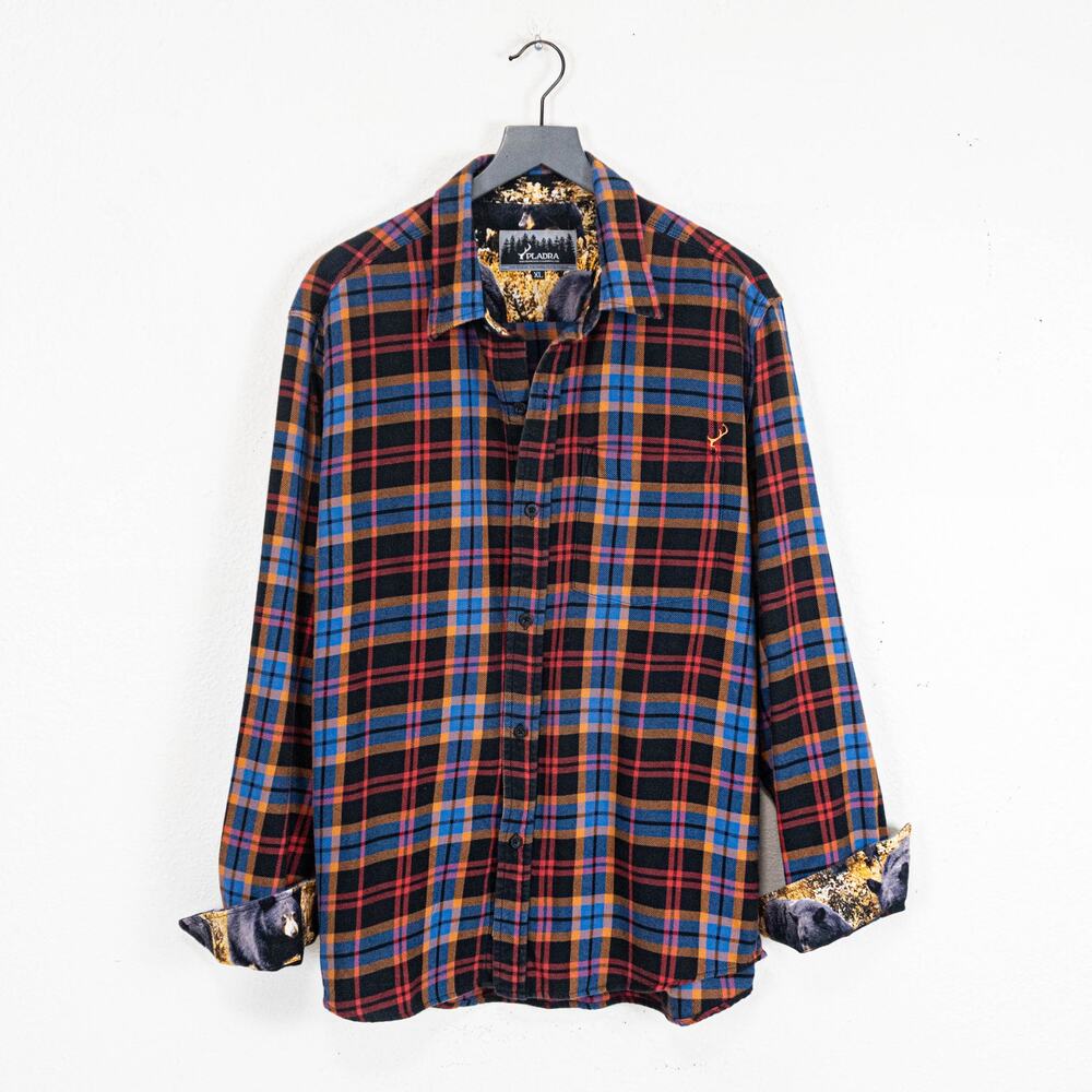 PLADRA Elli Flannel Shirt Burnt black plaid bear flip cuffs sz XL